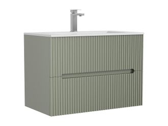 Vente-Unique Mueble de ba&ntilde;o suspendido con lavabo encastrado y grifo - Estriado verde - 80 cm - PAVANI