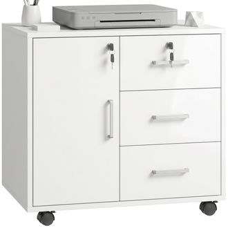 HOMCOM Homcom Mueble Para Impresora Con Ruedas, Mesa Para Impresora Con Puerta Y 3 Cajones, Cerraduras, Estante Ajustable, Para Oficina, 60x40x56 Cm, Blanco
