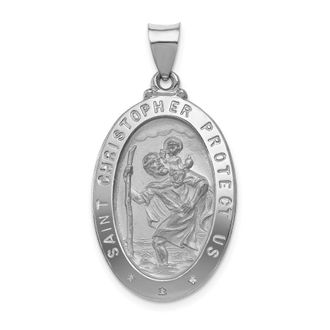 Diamond2Deal 14k White Gold and Satin Hollow St Christopher Medal Oval Pendant