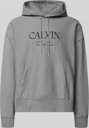 Calvin Klein Hoodie mit Label-Print und K&auml;nguru-Tasche in Mittelgrau Melange, Gr&ouml;&szlig;e XXL