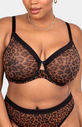 Curvy Couture Sheer Mesh Underwire Unlined Bra in Designer Leo at Nordstrom, Size 34Ddd