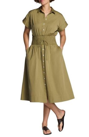 Spanx Smocked Button-Up Midi Dress in Olive Branch at Nordstrom, Size X-Small
