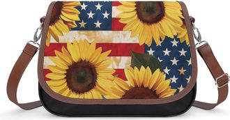 Generic Sunflower U.S. Flag Crossbody Bag Womens Handbag PU Message Bags Shoulder Purse with Adjustable Strap