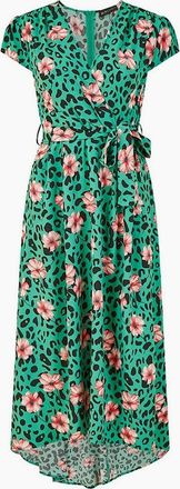 Mela Womens Animal Print V-Neck Midi Wrap Dress - Green - Size: 12