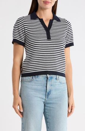 Adrianna Papell Stripe Short Sleeve Polo Sweater in Blue Moon/Ivory at Nordstrom Rack, Size X-Small
