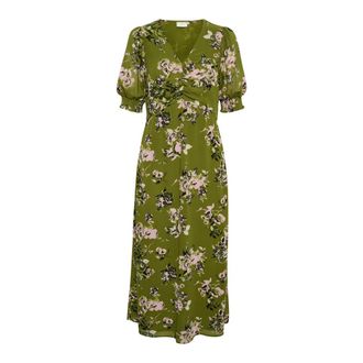 Kaffe Groene Stencil Bloemenprint Jurk - Dames - Maxi kleedjes - Groen - XS - Polyester - Kleedjes