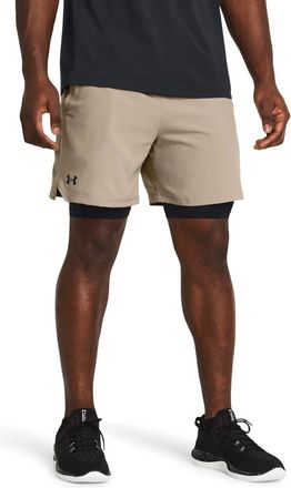 Under Armour Vanish 2-in-1 Shorts Mens Taupe Black Woven Brief Lined DSGL176