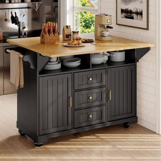 Matteo Kitchen Island Cabinet - Extendable Storage with Casters in Black