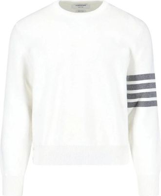 Thom Browne Cotton Crepe 4-Bar Milano Stitch Pullover - Heren - Ronde hals truien - Wit - XL - Katoen - Truien & Vesten