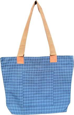 Generic Blue Tote Bag with Brown Straps, Blue Textured Pattern, Large Capacity