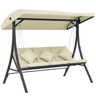 OUTSUNNY Columpio De Jard&iacute;n Exterior De 3 Plazas Con Techo Ajustable Cojines, Almohadas Y Estructura De Acero, Carga 320 Kg, 202x115x168 Cm, Beige