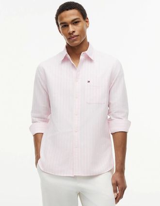 Tommy Hilfiger Mens Tommy Hilfiger Heritage Oxford Mens Long Sleeve Striped Shirt - Rose Petal/Stripe - Rose Petal Stripe - Size: 38