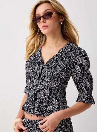 Icone Womens Elbow-length sleeves V-neck crinkled blouse