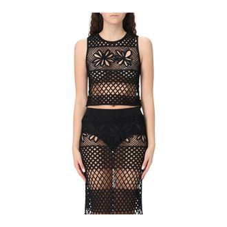 Pinko Sleeveless Tops, female, Black, S, Crochet Knit Sleeveless Top Skirt Set
