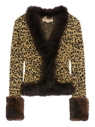 Valentino Garavani animal-print feather-trimmed cardigan - women - Viscose/Polyamide/Metallised Fibres/Sheep Skin/Shearling - L - Yellow