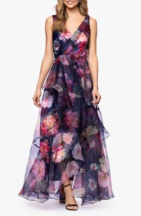 Betsy & Adam Floral Organza Gown in Navy/Multi at Nordstrom, Size 12
