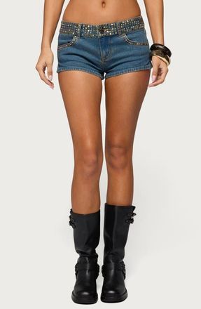 Edikted Studded Denim Shorts in Blue-Washed at Nordstrom, Size X-Small