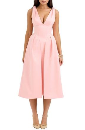 House of CB Paloma Plunge Neck Sleeveless Midi Dress in Peach Pearl at Nordstrom, Size X-Large A