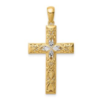 Diamond2Deal 14k Yellow Gold White Rhodium Diamond-Cut Cross Pendant