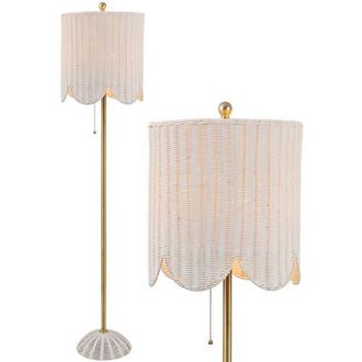 Jonathan Y Designs Joel Scallop Shade Rattan/Metal LED Floor Lamp with Pull Chain in White/brass Gold at Nordstrom