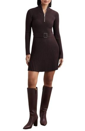 Reiss Vienna Belted Long Sleeve Rib Dress in Plum Purple at Nordstrom, Size X-Small