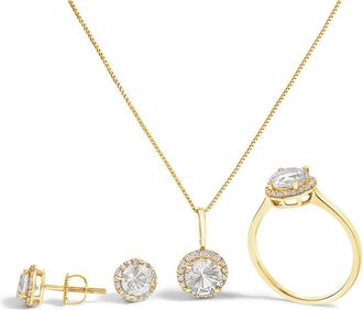 House of Brilliance 10K Yellow Gold White Topaz and 3/8 Cttw Diamond Halo Jewelry Set