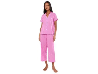 Lauren Ralph Lauren Short Sleeve Notch Collar Cropped Pants PJ Set Womens Pajama Sets Pink Stripe : LG (US 12-14), Cotton/Viscose