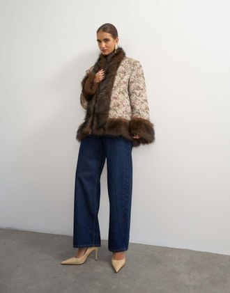 Topshop giacca jacquard con profili in pelliccia sintetica multicolore