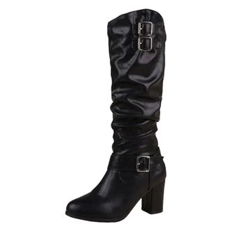 Generic Womens Knee High Boots Round Toe High Chunky Heel Slip On Design With Pleated Shaft And Metal Decoration Vintage Style