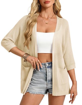 Grace Karin Womens 3/4-Sleeves Open Front Cardigan Summer Casual Batwing Sleeve Lightweight Tops with Pockets Apricot M