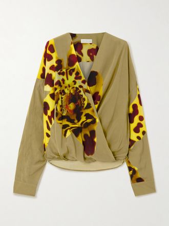 Dries Van Noten Blusa In Raso Stampato Con Arricciature - Verde
