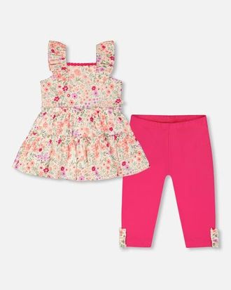Deux par Deux Tunic and Organic Cotton Printed Flowers Capri Set in Off White Print Flowers & Pink at Nordstrom, Size 24M