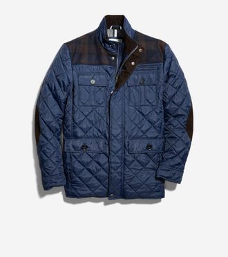 Cole Haan Mens Mix Media Diamond Quilted Jacket - Blue Size Medium