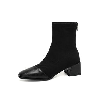 Generic Women Square Toe Suede Knit Ankle Boots PU Leather Toe Cap Block Heels Side Zipper Stretchy Fit Sleek Casual Cushioned Comfortable Durable Fashion,Bla