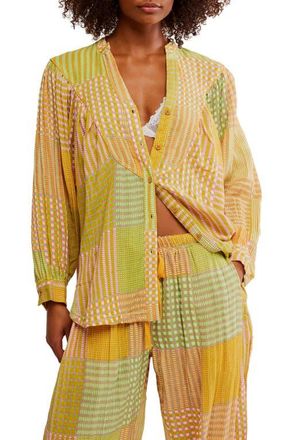 Free People Night After Night Cotton Button-Up Pajama Shirt in Lemon Lime Combo at Nordstrom, Size Medium