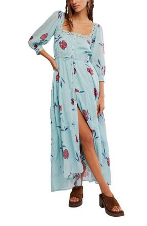 Free People Morning Meadows Floral Lace Trim Maxi Dress in Pastel Blue Combo at Nordstrom, Size X-Large