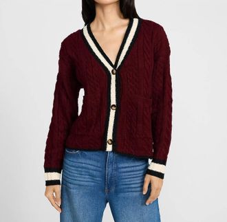 Blu Pepper Varsity Cable Knit Cardigan In Burgundy