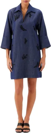 Karen Kane Cuffed Sleeve Embellished Shirtdress in Indigo at Nordstrom, Size X-Small