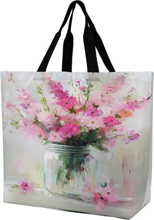 Generic Flowers in Jars Painting Large Reusable Shopping Bag Lightweight Foldable Tote Bags Washable Shoulder Handbag