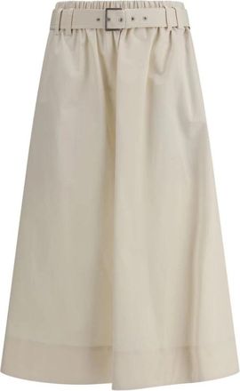 Brunello Cucinelli Roomwit Wijde Lange Rok Elastische Tailleband - Dames - Midirokken - Beige - L - Polyester - Rokken