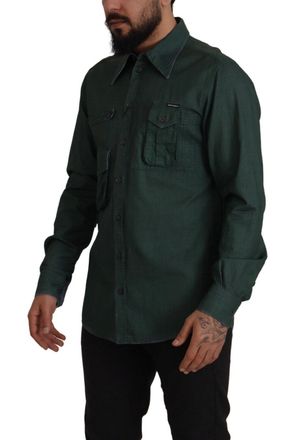 Dolce & Gabbana Mens Dark Green Button Down Long Sleeves Shirt Flax