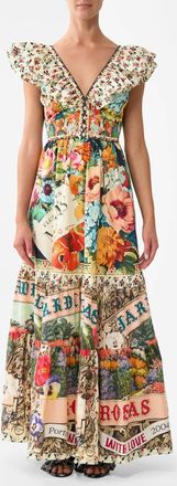 Camilla Aromatic Amor Tiered Dress With Neck Frill In Beige Multi