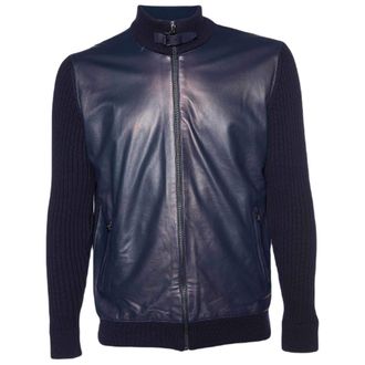 Ferragamo Ferragamo Leather & Wool Knit Zip Front Jacket Navy