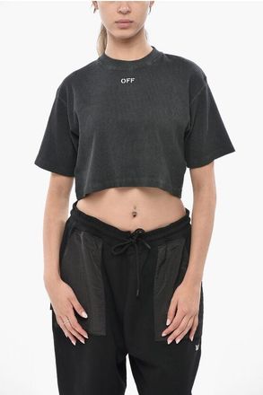 Off-white Ribbed Cotton-Blend Crop T-Shirt with Embroidered Logo size M