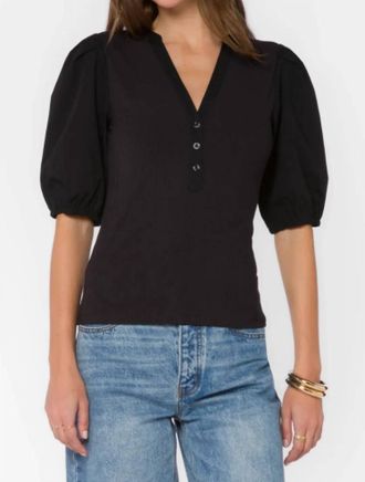 Velvet Heart Short Puff Sleeve Henley Top In Black
