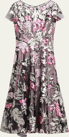 Naeem Khan Sequin Floral Short-Sleeved Tea Dress