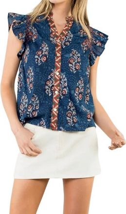 THML Clothing Flutter Sleeve Floral Print V-Neck Top In Navy