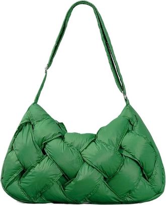 Generic Large Capacity Down Cotton Nylon Shoulder Bag With Crossbody Design Black Woven Handbag Versatile Pleated(Green)