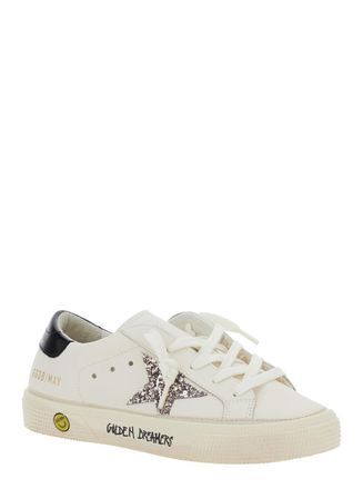 Golden Goose Girls White Low Top Sneakers With Glittered Star Patch Cow Trainers