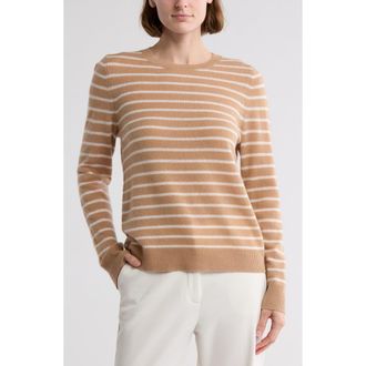 Nordstrom Cashmere Crewneck Sweater in Camel- Ivory Stripe at Nordstrom Rack, Size X-Small